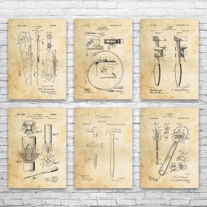 Woodworking Patent Wall Art Set of 6 | Poster, Canvas or Framed | Handyman Gift, Shop Class Art, Saw Blueprint, Workshop Decor