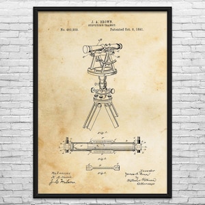 May include: A framed vintage blueprint of a surveyor's transit, patented October 6, 1891. The drawing shows the transit on a tripod, with detailed diagrams and text including the inventor's name, J.A. Brown.