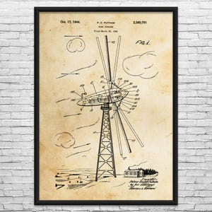 Wind Turbine Patent Art Print: Wind Farm Art, Power Technician Vintage Paper