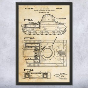 WW2 Tank Patent Wall Art | Poster, Canvas or Framed | World War 2 Art, Tank Blueprint, Military Historian, Soldier Gift, Military Wall Art