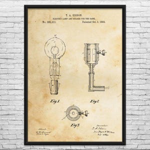 May include: Framed vintage patent print of T.A. Edison's electric lamp and holder, dated October 3, 1882. The sepia-toned print features detailed technical drawings labeled Fig. 1, Fig. 2, and Fig. 3, showcasing the lamp's design and components.