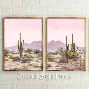 Rosa Wüste Wandkunst, 2er-Set Drucke, Wüste von Texas, Kaktus Druck, Boho Druck, Rosa Kinderzimmer Wandkunst, druckbare Arizona Saguaro Kaktus