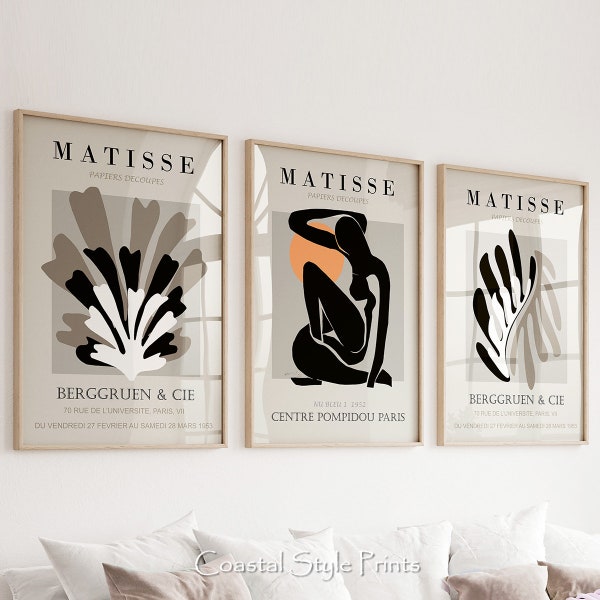 Henri Matisse Wall Art, Conjunto vintage de 3 conjuntos de impresión en negro y beige Matisse Poster Set Descarga digital, Arte imprimible de mediados de siglo #397