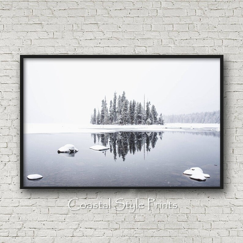 Winter Lake Print, Frozen Lake Photography, Scandinavian Art, Snow Trees Art Print, Gray Nature Print, Nordic Art, Reflection Print #230a image 3