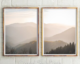 Conjunto de láminas de montaña beige, conjunto de arte escandinavo de 2 láminas de decoración de pared minimalistas con paisaje nórdico, póster de arte moderno en tonos neutros.