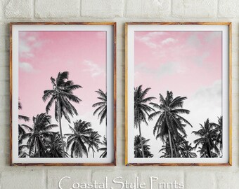 Tropische palmbomen wordt afgedrukt, roze kunstafdruk, blozen roze muur decor, tropische palm fotografie, digitale download, roze zwart slaapzaal kunst