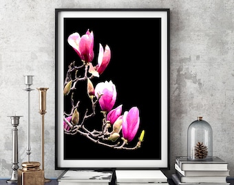 Floral Wall Art Print, Crimson Magnolia Print, Botanical Art, Printable Floral, Pink and Black Art, Flower Print, Port Wine Magnolia Art