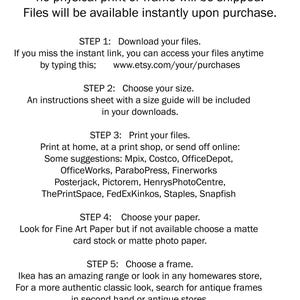 May include: A white text on a black background with instructions on how to download, print, and frame a digital download. The text includes the following: "This is an instant digital download, no physical print or frame will be shipped. Files will be available instantly upon purchase."