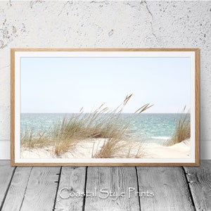 Decoración de playa, arte mural costero, póster de naturaleza, paisaje, impresión de playa costera, hierba de playa, arte bohemio pastel, fotografía de playa grande