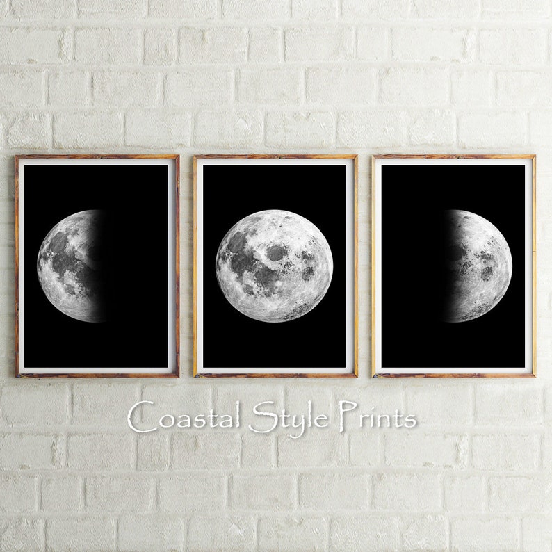 Set Of 3 Prints Black and White Wall Art Moon Phase Print Etsy