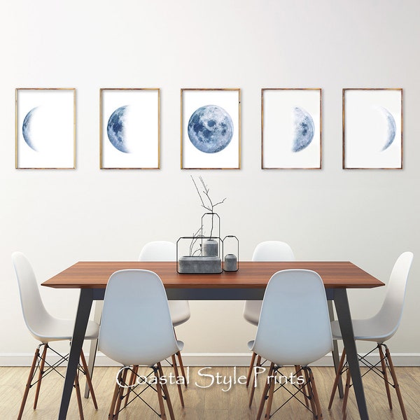 Moon Phase Print Set Of 5 Prints, Full Half New Moon Phases Print,Blue Moon Print, Luna Wall Art, Moon Photography, Printable Wall Art