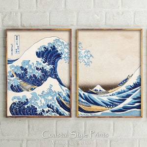 Vintage Japanese Art, Ocean Seascape Art, Cafe PRINTABLE Vintage Painting, Antique Wall Art, 2 Piece Print Set, Surf Wave Wall decor #333