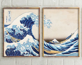 Vintage Japanese Art, Ocean Seascape Art, Cafe PRINTABLE Vintage Painting, Antique Wall Art, 2 Piece Print Set, Surf Wave Wall decor #333
