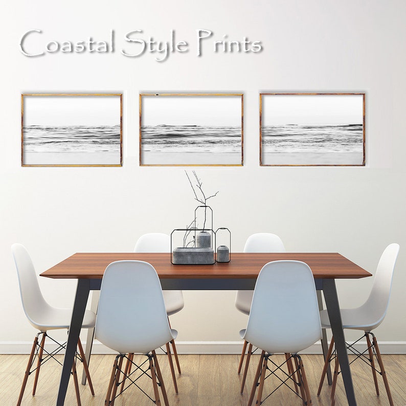 Black and White Ocean Print Set Of 3 Prints, Modern Wall Decor Horizontal Print Set Prints Wall Art Beach Print Neutral Coastal Print Set image 1