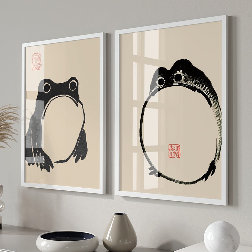 Japanese Matsumoto Hoji Frog Print Set, Vintage Wall Art, Set of 2