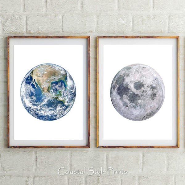 Earth and Moon Prints Set, Planets Wall Decor, Moon, Earth, Moon Print, Wall Art, Planets, Prints, Earth Print, Earth Photography