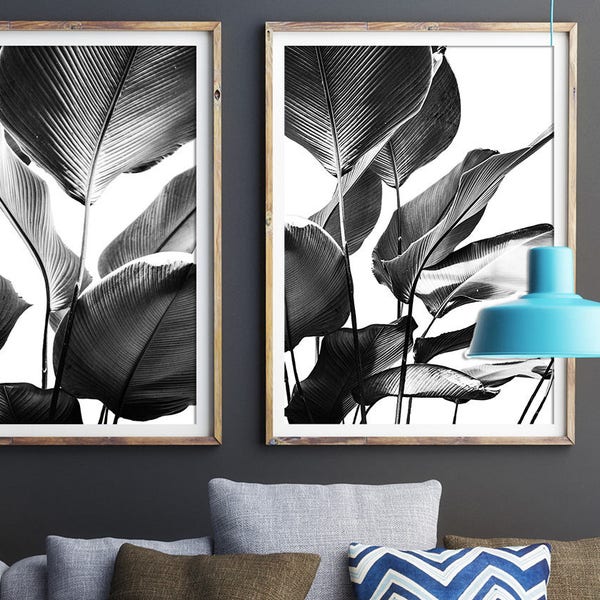 Black and White Prints, Banana Leaves Print, Set Of 2 Modern Wall Art, Black and White Wall Art, Botanical Art, Poster Print, Leaf Print