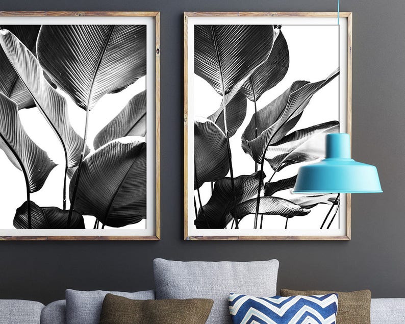 Black and White Prints, Banana Leaves Print, Set Of 2 Modern Wall Art, Black and White Wall Art, Botanical Art, Poster Print, Leaf Print image 1