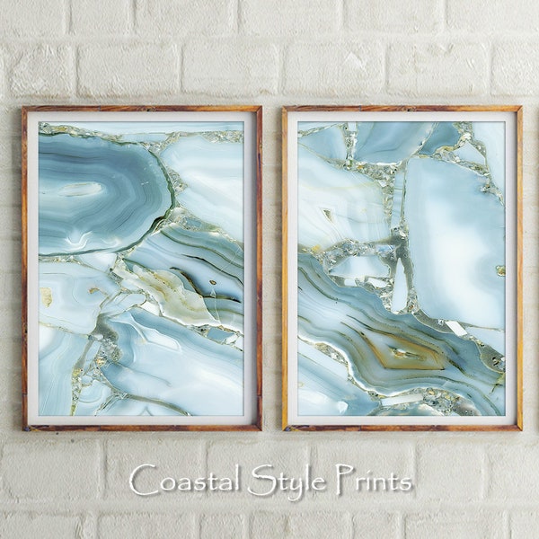 Aqua Geode Wall Art Set Of 2 Printable Abstract Prints Photography, Modern Art Geometric Print Marble Art Modern Home Decor Sky Blue Agate