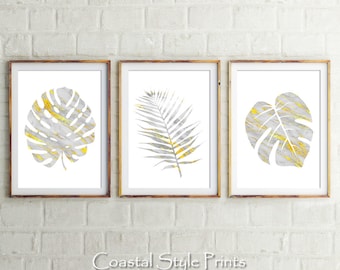 Good Leaf Prints, Set Of 3 Prints, Leaf Art Print, Botanical Art, Tropical Print Wall Art, Palm Leaf, Gold Marble, Prints, Marble Wall Art