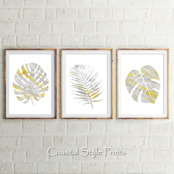 Impressions de feuilles d'or, lot de 3 impressions, impression d'art feuille, art botanique, art mural imprimé tropical, feuille de palmier, marbre doré, estampes, art mural marbre