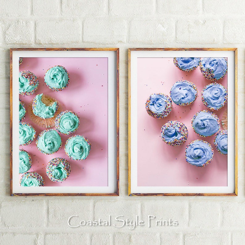 Girls Wall Art Food Art Cafe Wall Decor,Pink Aqua Blue Australia Cupcake Prints Printable Cake Print Set Of 2 Cake Art Print