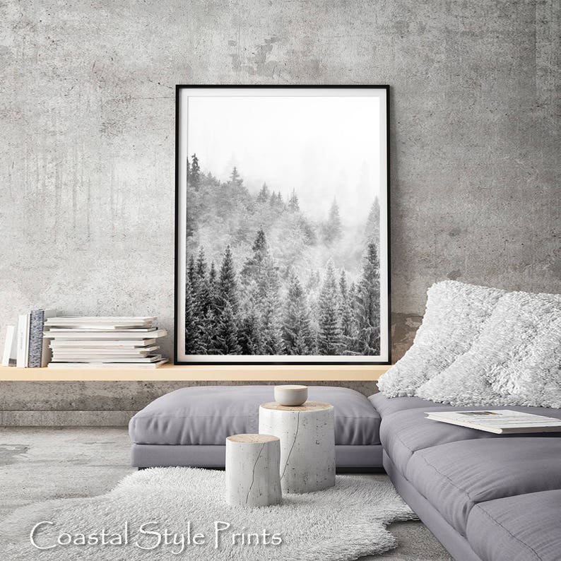 May include: Black and white photograph of a misty forest scene with tall trees. The image is framed and hanging on a gray wall above a gray couch with a white throw pillow.