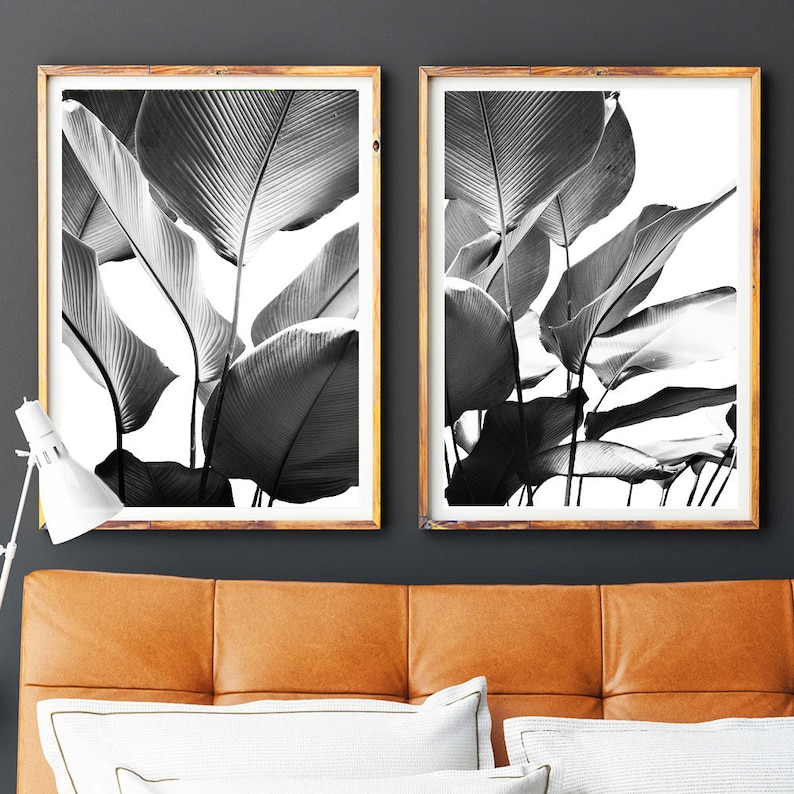 Black and White Prints, Banana Leaves Print, Set Of 2 Modern Wall Art, Black and White Wall Art, Botanical Art, Poster Print, Leaf Print image 4