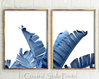 Set Of 2 Prints,Wall Art,Banana Leaves Print,Prints,Tropical Wall Art,Digital Download,Boho Print,Scandi Wall Art,Denim Navy Blue Botanical