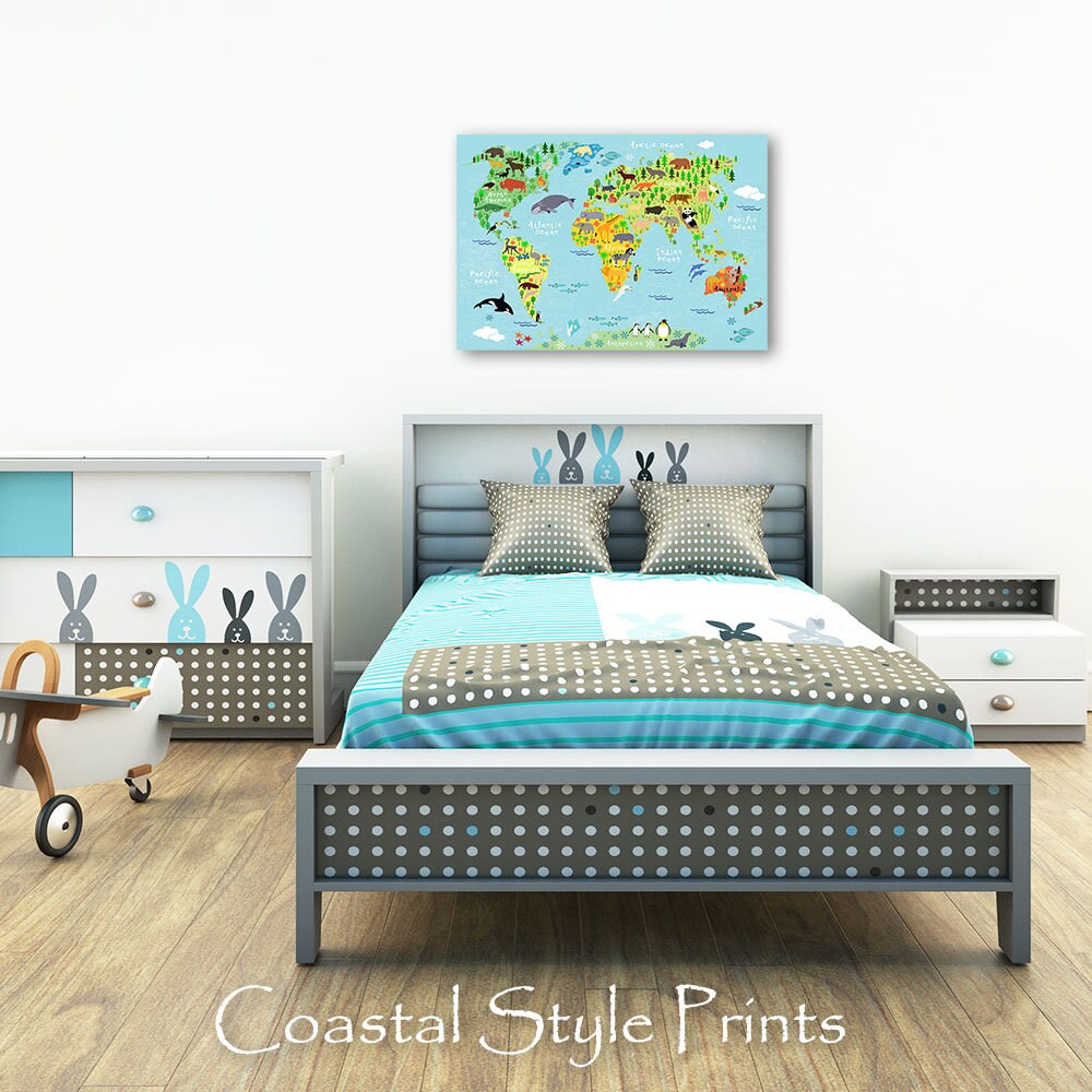 Kids World Map Print With Animals Nursery Decor Large Kids Wall Art ...