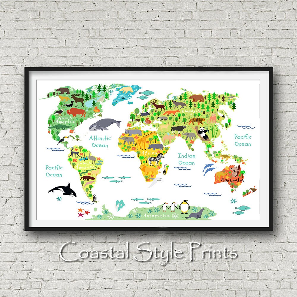 Kids World Map Print Animals Nursery Decor Large Kids Wall Art Boys ...