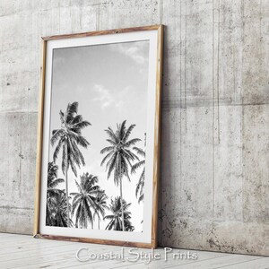 May include: Black and white photograph of palm trees against a cloudy sky. The image is framed in a natural wood frame.