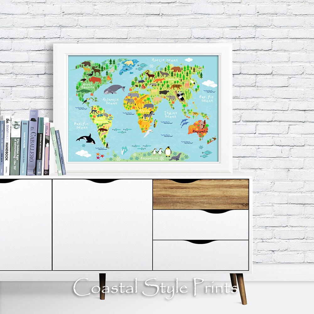 Kids World Map Print With Animals Nursery Decor Large Kids Wall Art ...