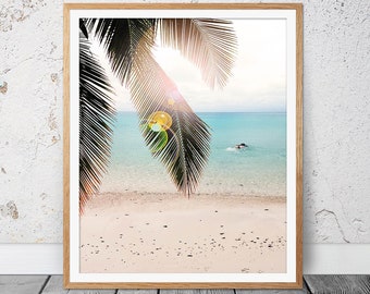 Whitehaven Beach Print, Palm Leaf Print, Beach Wall Decor, Digital Print, Coastal Art, Tropical Print, Palm Leaves, Printable Retro Decor
