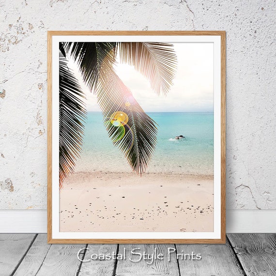 Whitehaven Beach Print, Palm Leaf Print, Beach Wall Decor, Digital Print, Coastal Art, Tropical Print, Palm Leaves, Printable Retro Decor