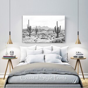May include: Black and white photograph of a desert landscape with tall cacti and mountains in the background.
