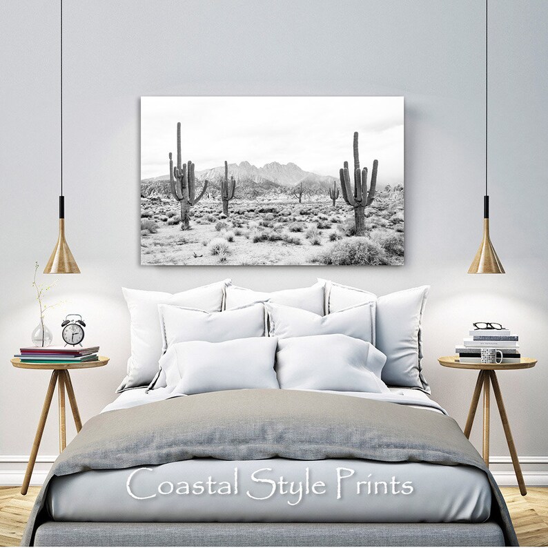 May include: Black and white photograph of a desert landscape with tall cacti and mountains in the background.