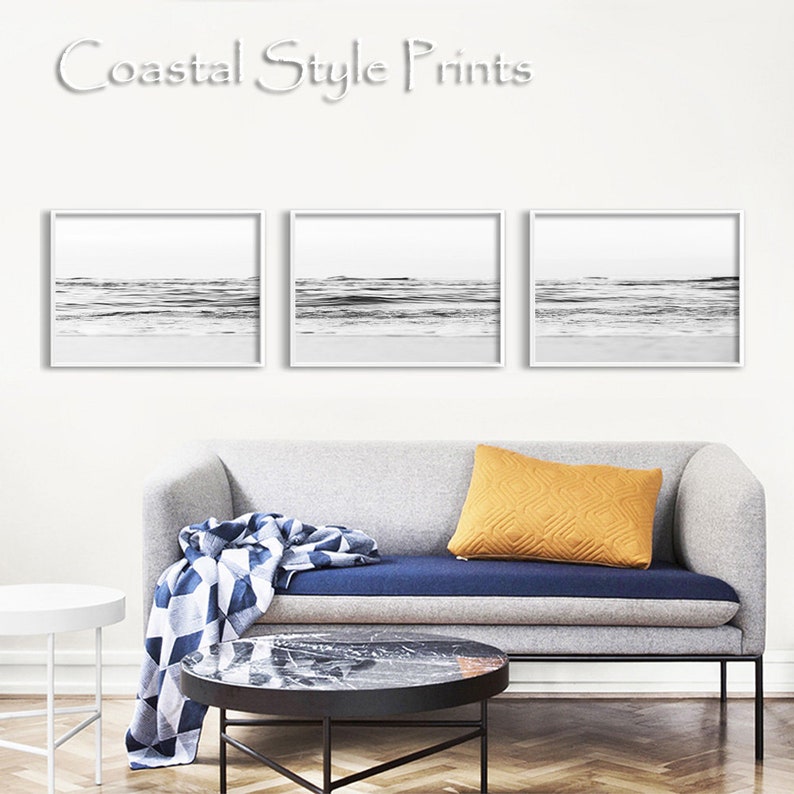 Black and White Ocean Print Set Of 3 Prints, Modern Wall Decor Horizontal Print Set Prints Wall Art Beach Print Neutral Coastal Print Set image 2