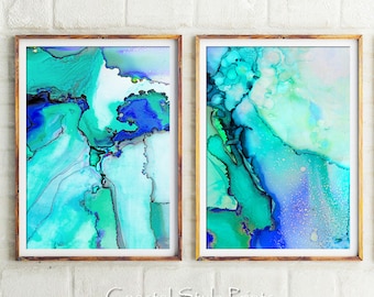 Aqua Modern Print Set, Turquoise Wall Decor, Aqua Print Sets, Office Art Prints, Modern Wall Art, Contemporary Art, Watercolor Poster