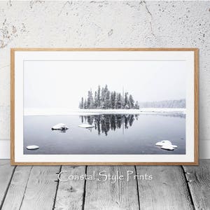 Winter Lake Print, Frozen Lake Photography, Scandinavian Art, Snow Trees Art Print, Gray Nature Print, Nordic Art, Reflection Print #230a image 1