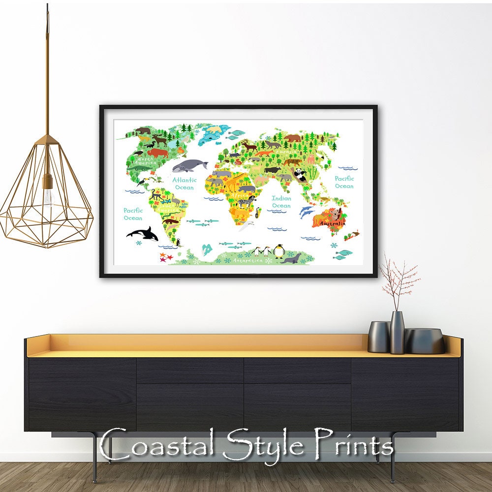 Kids World Map Print Animals Nursery Decor Large Kids Wall Art Boys ...