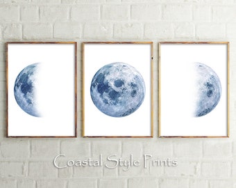 Moon Phase Print Set Of 3 Prints, Moon Phases Wall Art,Moon Print,Astronomy Wall Art, Moon Photography,Navy Blue Moon, Printables, Australia