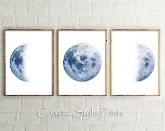 Moon Phase Print Set Of 3 Prints, Moon Phases Wall Art,Moon Print,Astronomy Wall Art, Moon Photography,Navy Blue Moon, Printables, Astrology