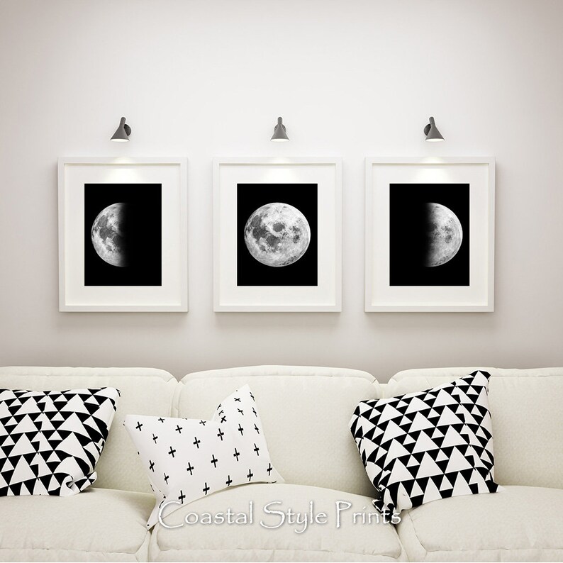 Set Of 3 Prints Black and White Wall Art Moon Phase Print Etsy