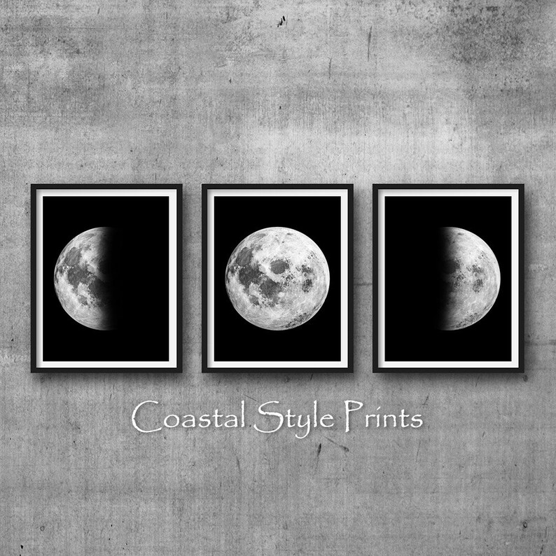 Set Of 3 Prints Black And White Wall Art Moon Phase Print Etsy