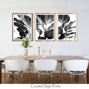 Black and White Print Set, Botanical Print, Printable Wall Art, Set Of 3 Prints, Banana Leaves Print, Digital Download, BW Palm Leaves, 143 image 1