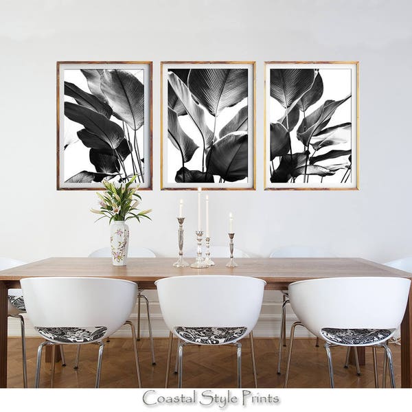 Black and White Print Set, Botanical Print, Printable Wall Art, Set Of 3 Prints, Banana Leaves Print, Digital Download, BW Palm Leaves, #143