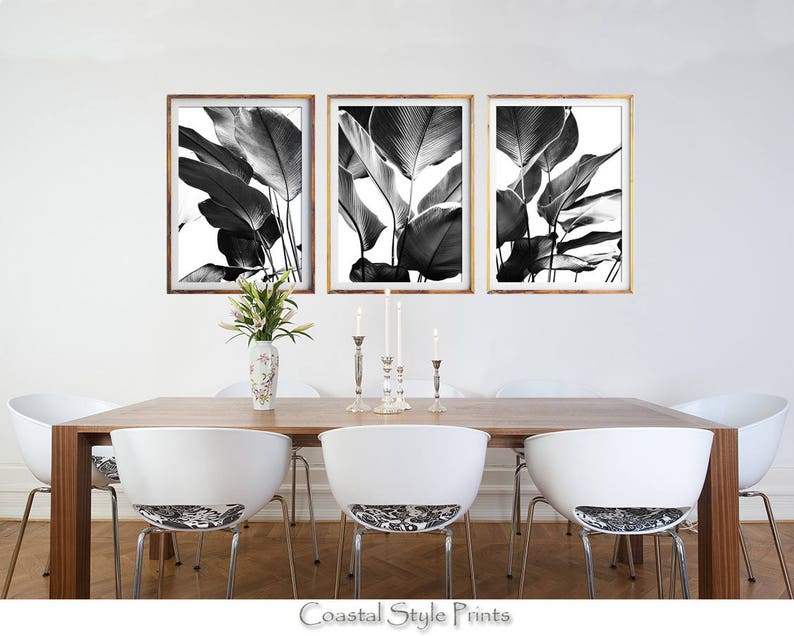 Black and White Print Set, Botanical Print, Printable Wall Art, Set Of 3 Prints, Banana Leaves Print, Digital Download, BW Palm Leaves, 143 image 1