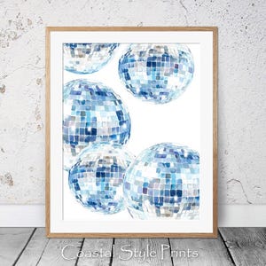 Bolas de discoteca azuis para impressão, decoração de dormitório moderno, pôster preppy, decoração de apartamento universitário, decoração de dormitório, arte de parede feminina, estética moderna #555