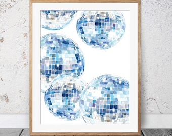 Stampa con sfere da discoteca blu, decorazione trendy per la camera del dormitorio, poster preppy, decorazione per appartamento universitario, decorazione per dormitorio, arte murale femminile, estetica di tendenza #555
